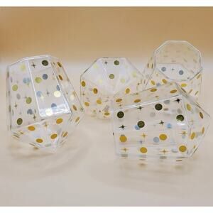 Chic and Tonic Faceted Glass Diamond Tumbler Set 4pc Gold Starburst Mid-Century